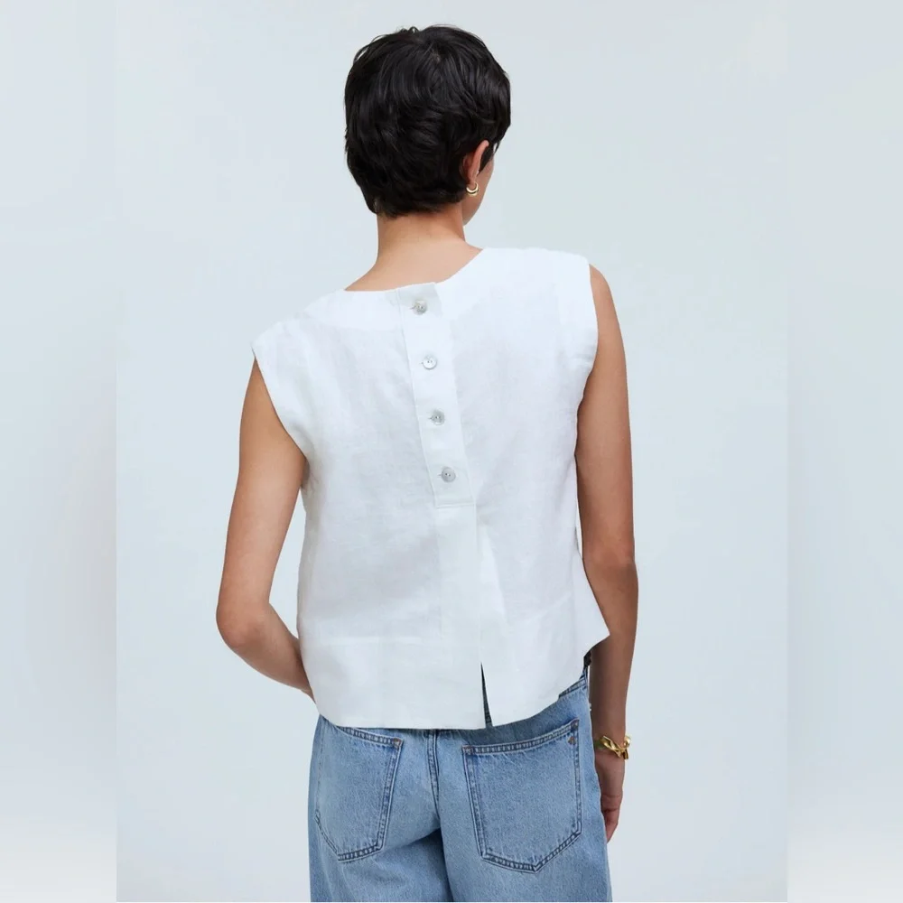 🆕Madewell Bateau-Neck Tank in 100% Linen COLOR Eyelet White Sz Small - Picture 4 of 12